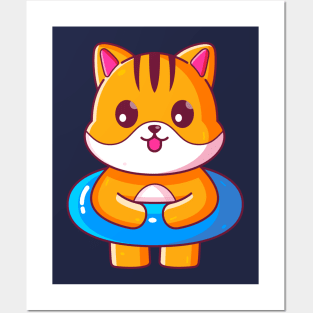Cute cat with swimming ring summer vacation Posters and Art